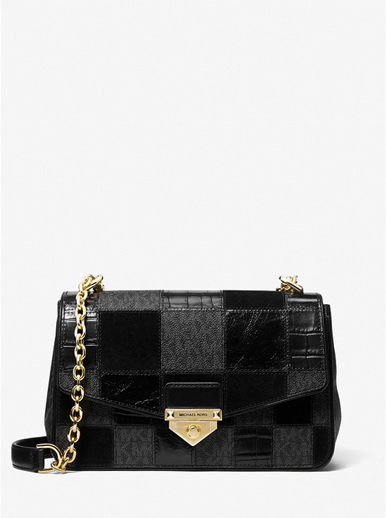 Borsa a spalla SoHo grande con logo e patchwork