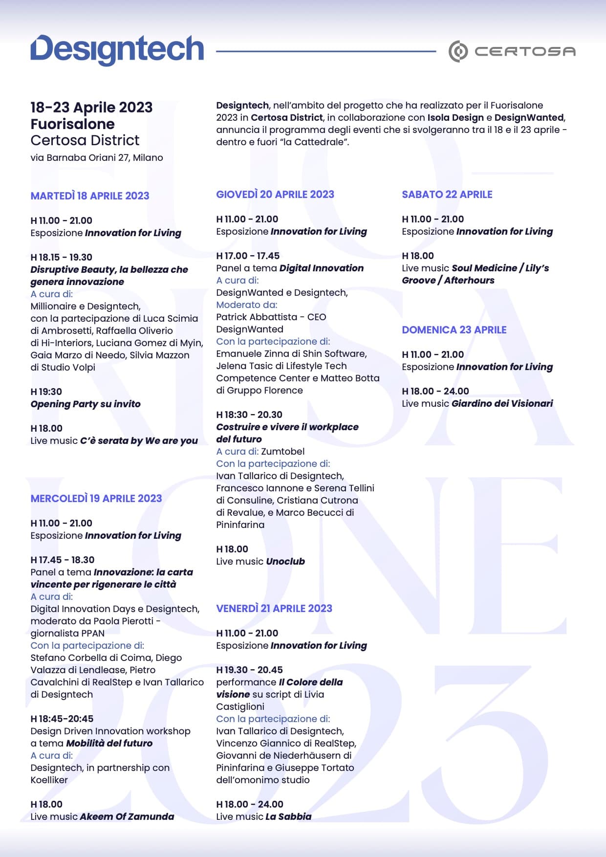 Palinsesto Fuorisalone Designtech Certosa