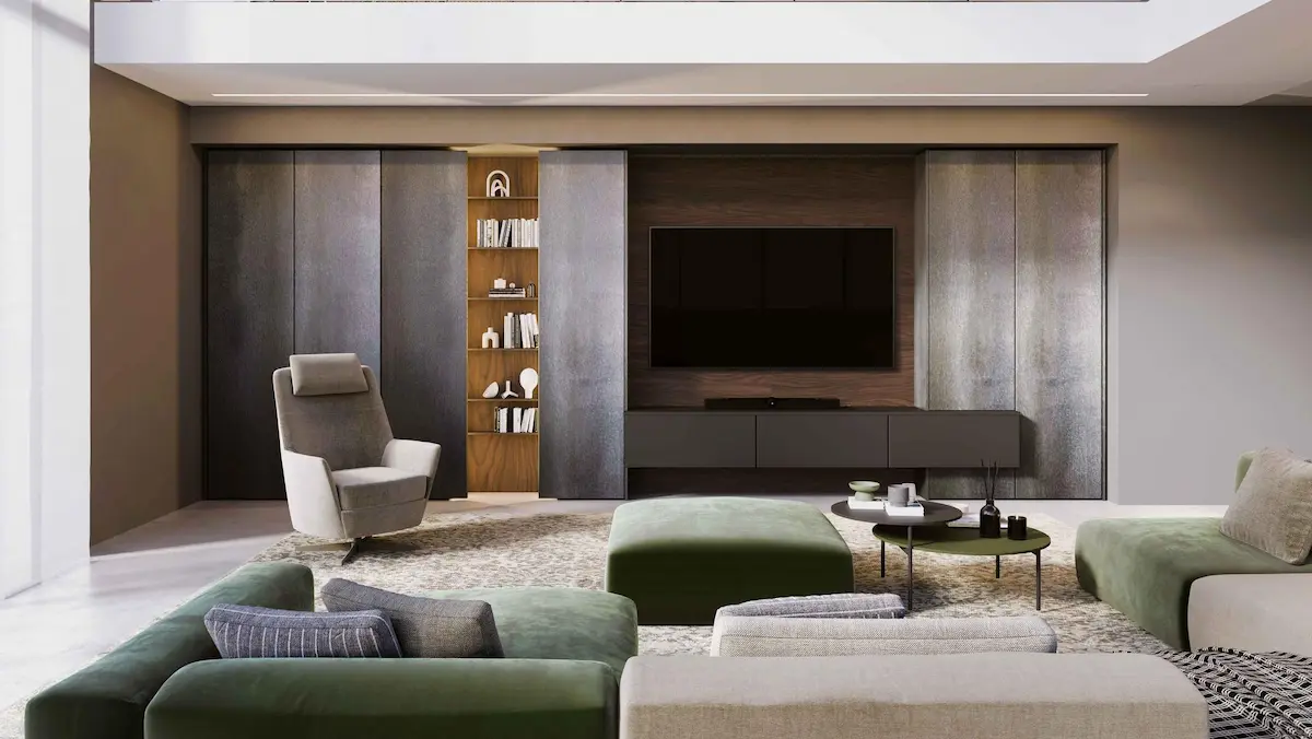 PRATICA DAY 01, mobile soggiorno con colonne ante a terra e boiserie in nobilitato - La Casa Moderna